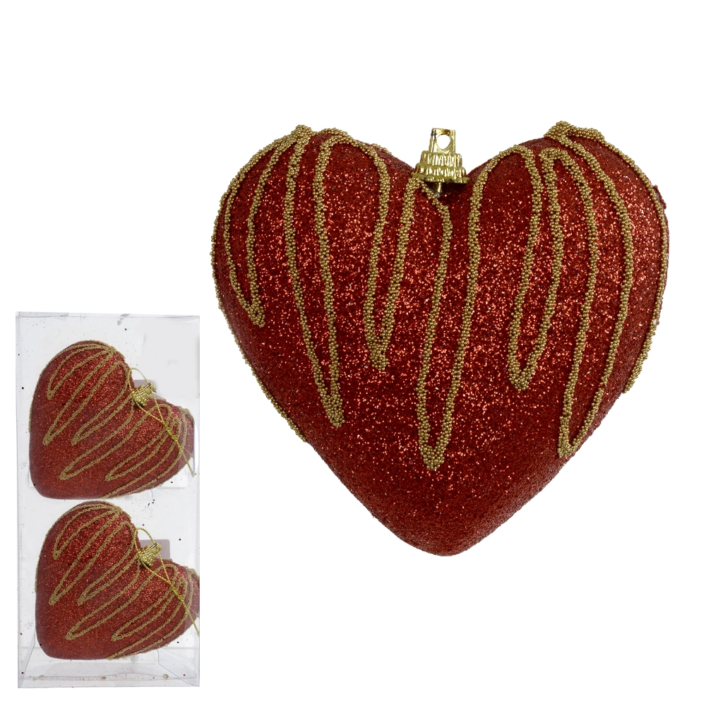Enfeite Natal Coracao Glitter Pvc 2un Vermelho Dourado 10cm 73790005 Dea
