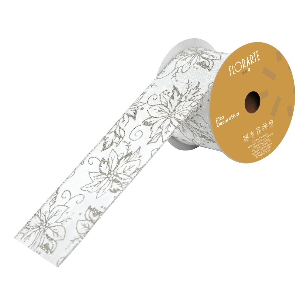 Fita Aramada Cetim C/ Glitter C/costura Bege Champanhe 6,3cmx9,14m 57779001