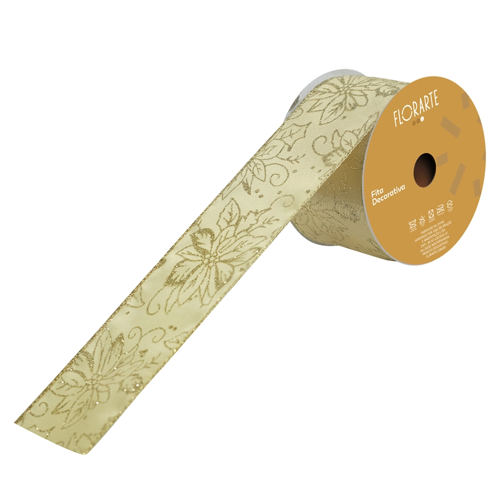 Fita Aramada Cetim C/ Glitter C/costura Dourado 6,3cmx9,14m 57779004