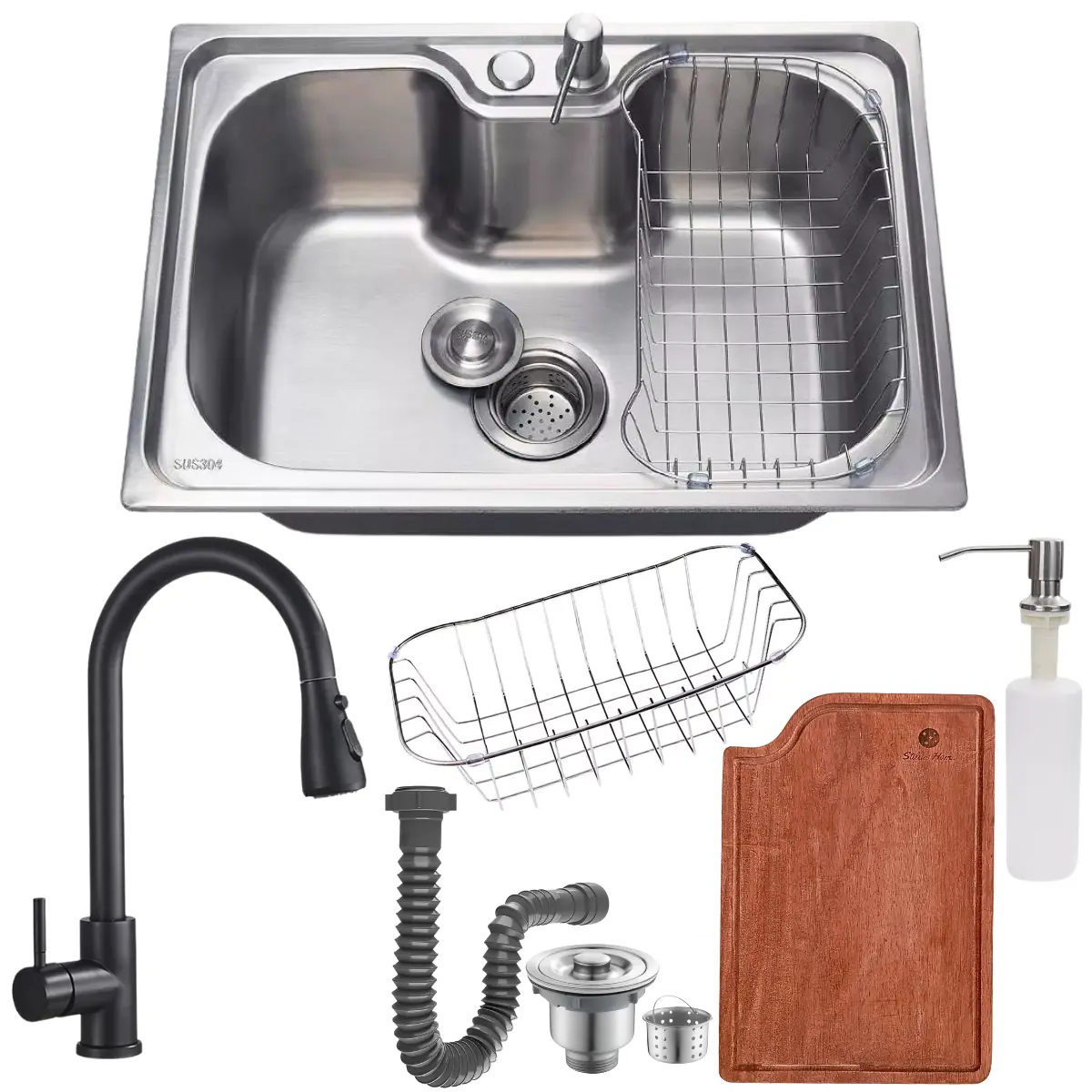 Cuba 50x40cm Em Inox 304 + Torneira Extensível Preta E Tábua