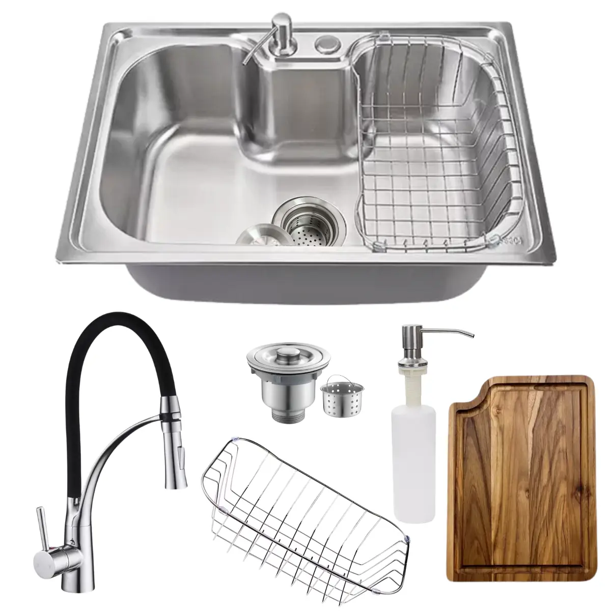 Cuba Cozinha 60x42cm Inox 304 Com Torneira Flexível E Tábua