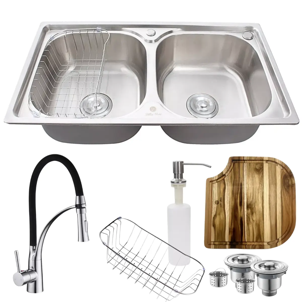 Cuba Dupla Aço Inox 304 + Tábua E Torneira Flexível Preta