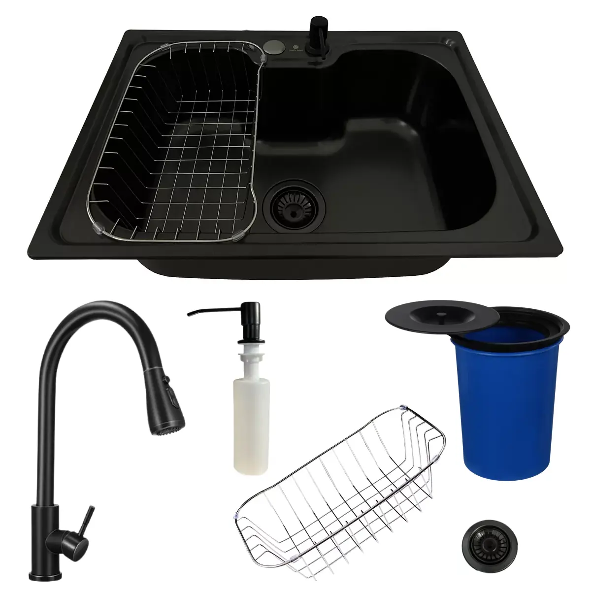 Cuba 60x42 Inox Black + Torneira Extensível Preta E Lixeira