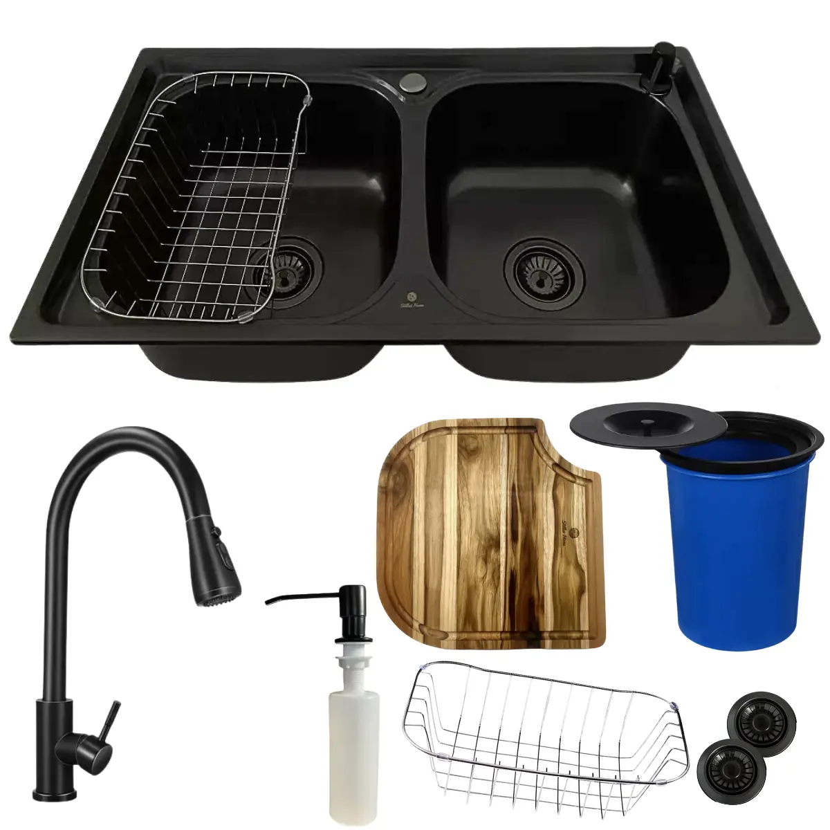 Cuba Dupla Inox Black + Torneira Preto Fosco Tábua E Lixeira