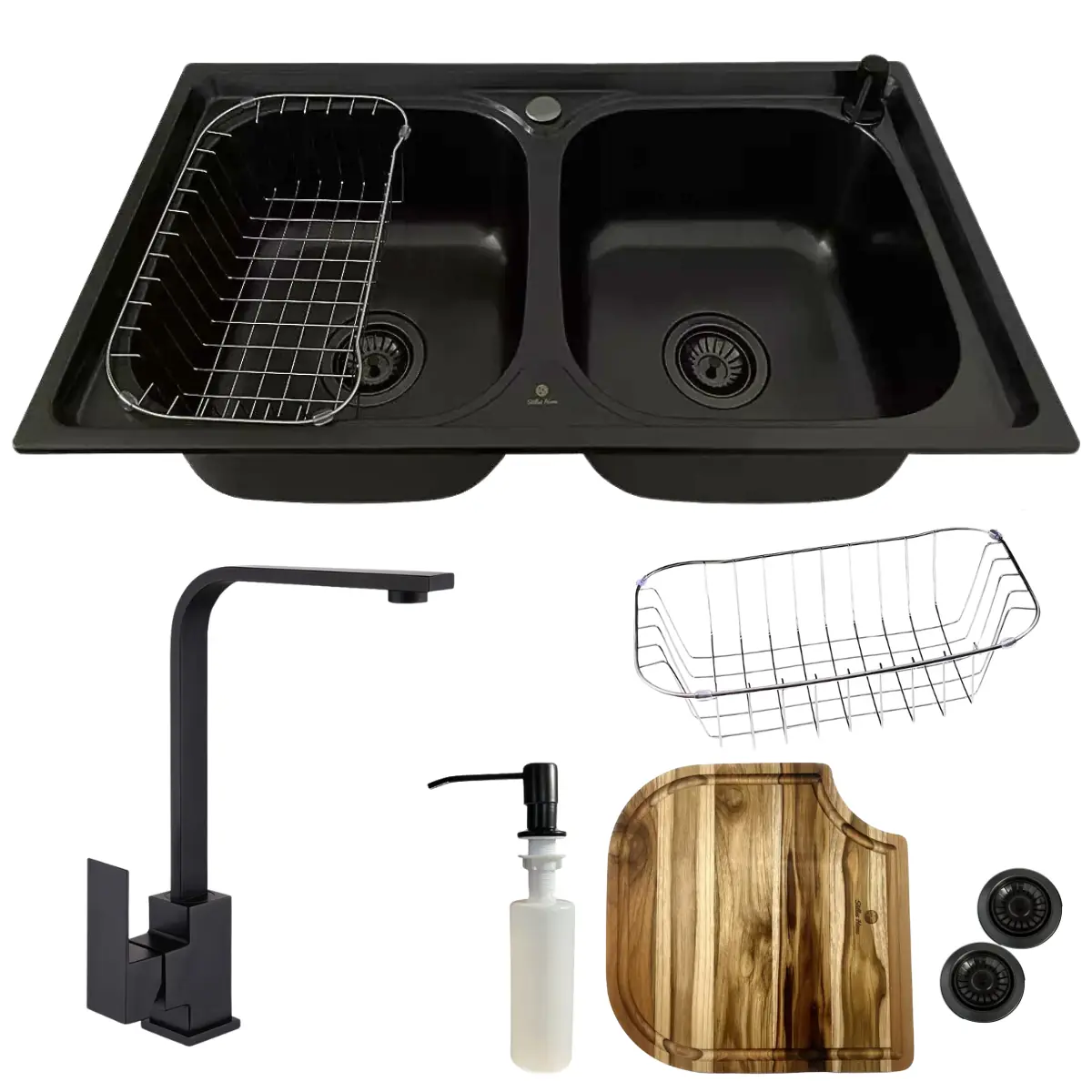 Cuba Dupla Em Inox Escovado Preto Com Torneira Black E Tábua
