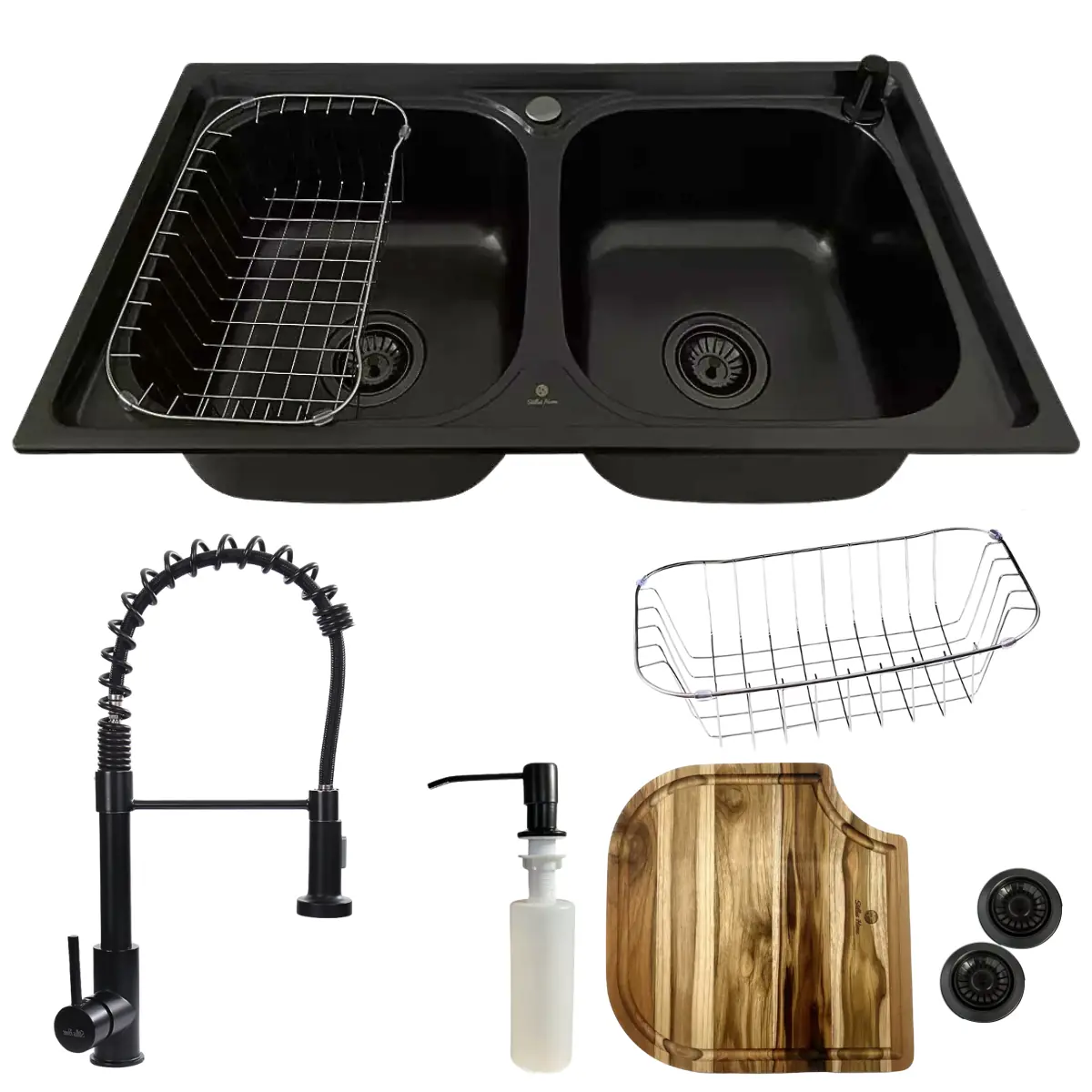 Cuba Dupla Aço Inox Black Com Torneira Gourmet Preta E Tábua