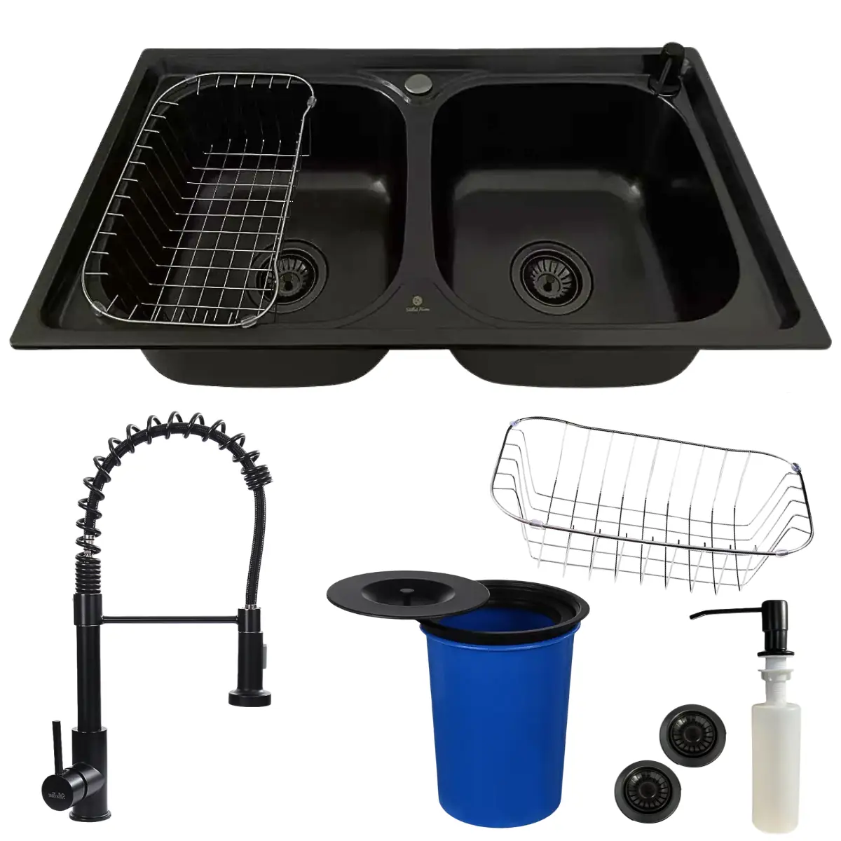 Cuba Dupla Aço Inox Black + Torneira Gourmet Preta E Lixeira