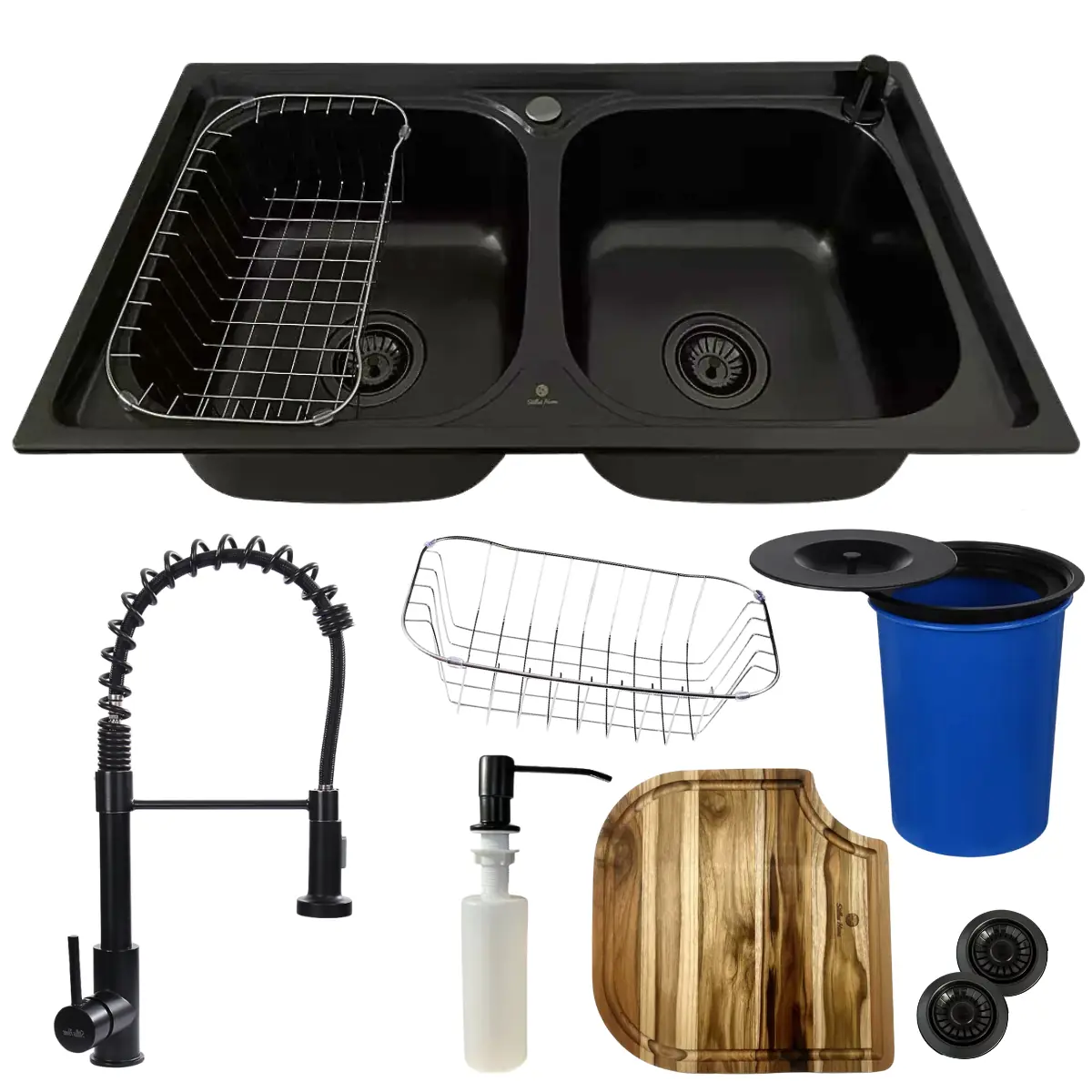 Cuba Dupla Inox Black Com Torneira Gourmet Tábua E Lixeira