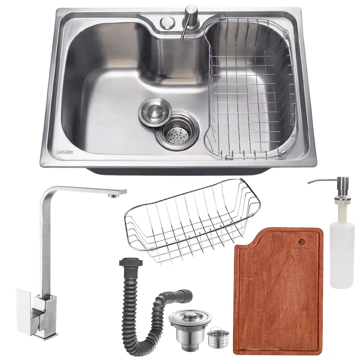 Cuba 50x40 Inox304 + Tábua De Corte E Torneira Slim Escovada