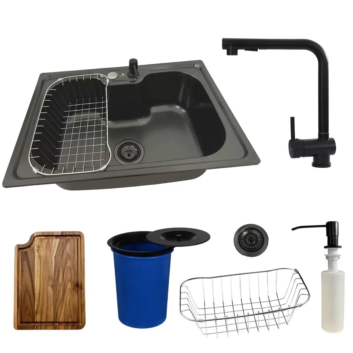 Cuba Inox Black 50x40 C/ Torneira Extensível Tábua E Lixeira