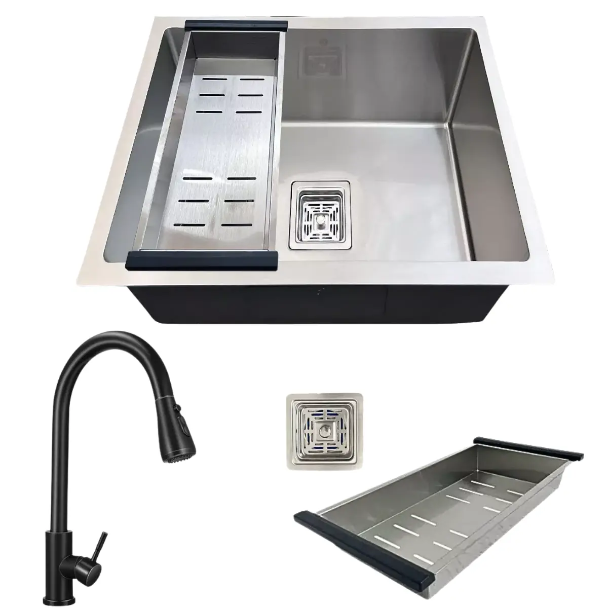 Cuba Aço Inox 304 Quadrada 44x44 E Torneira Preta Extensível