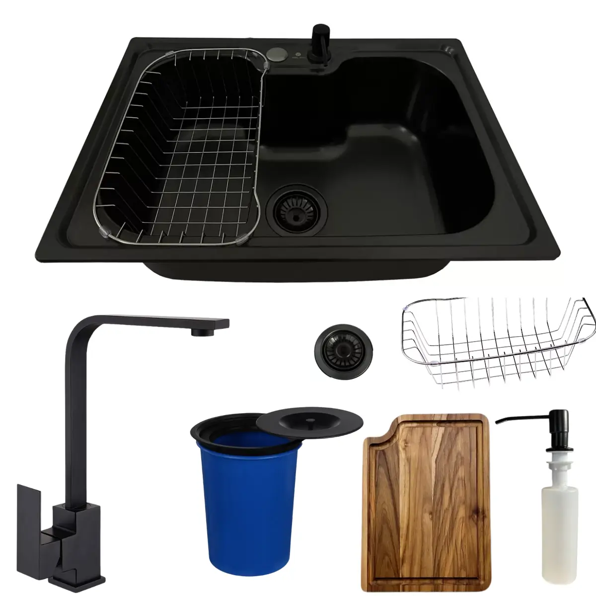 Cuba Aço Inox Black 60x42 Com Torneira Slim Tábua E Lixeira