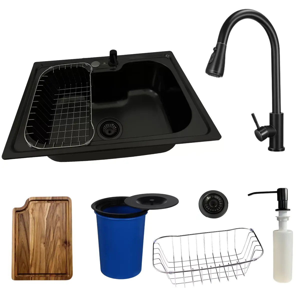 Cuba Inox Black 50x40cm Torneira Extensível Tábua E Lixeira
