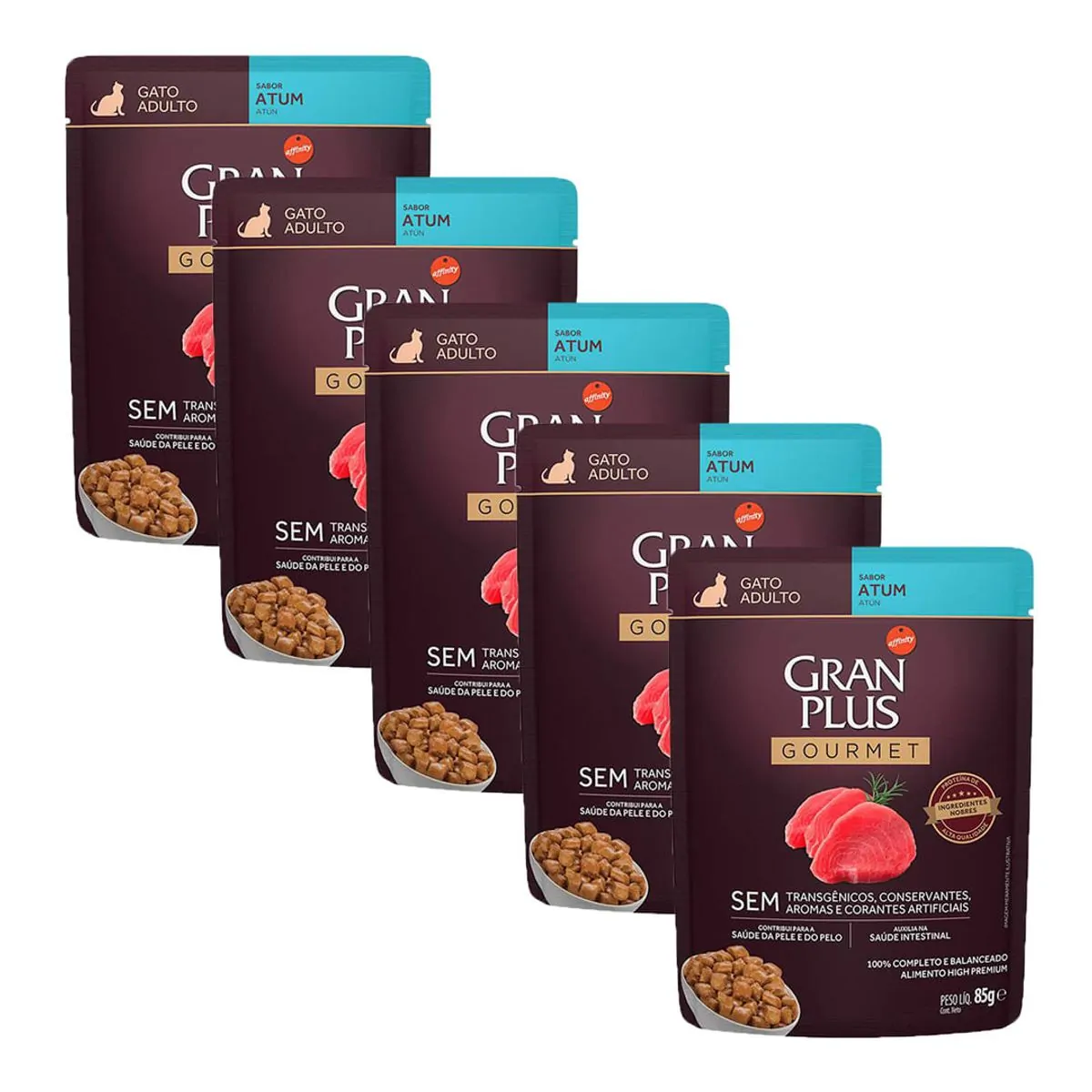 Ração Úmida Gran Plus Gourmet Gatos Adultos Atum Sachê 85g com 5 Unidades