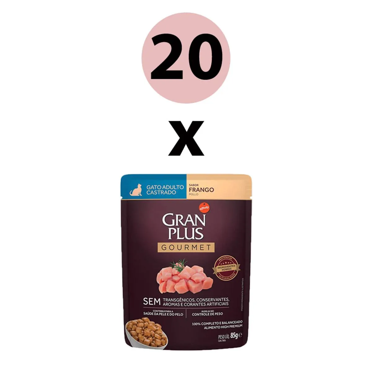 Ração Úmida Gran Plus Gourmet Gatos Adultos Castrado Frango Sachê 85g com 20 Unidades