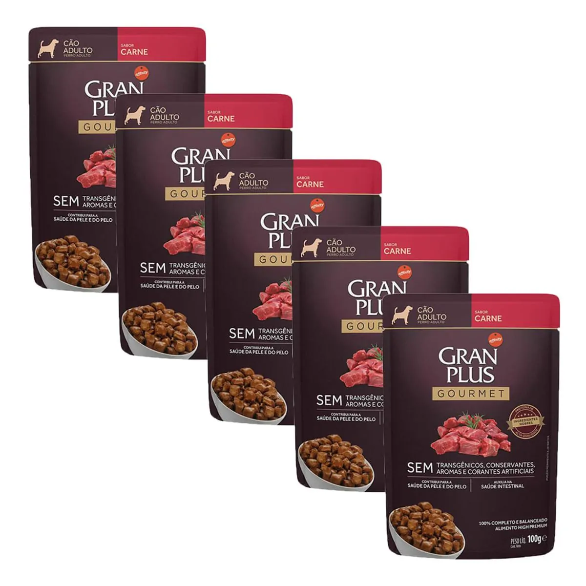 Ração Úmida Gran Plus Gourmet Cães Adultos Carne Sachê 100g com 5 Unidades