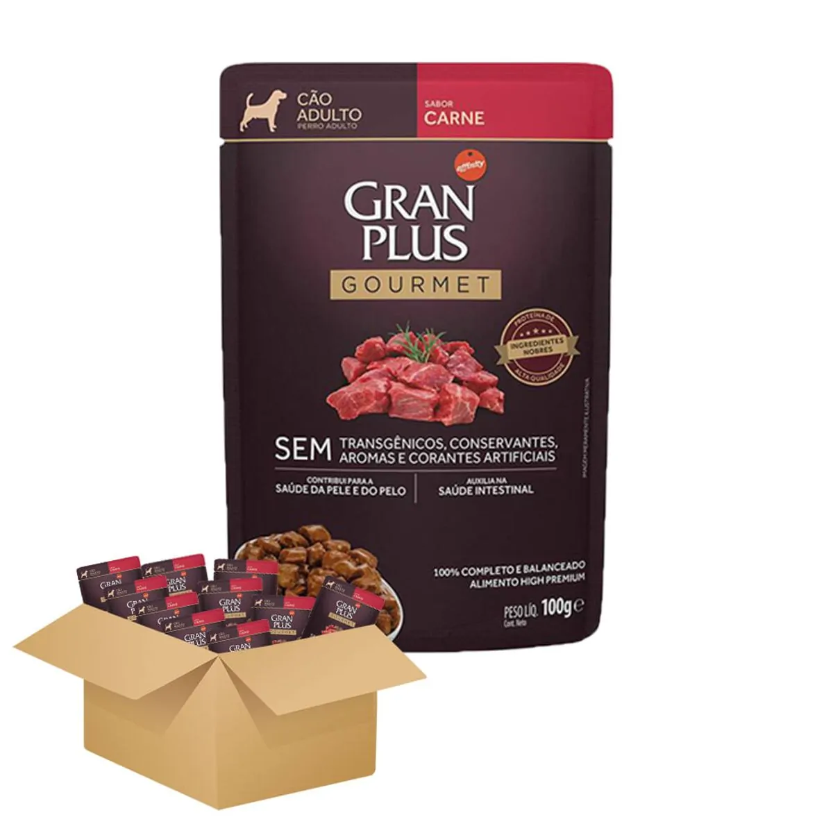 Ração Úmida Gran Plus Gourmet Cães Adultos Carne Sachê 100g com 10 Unidades