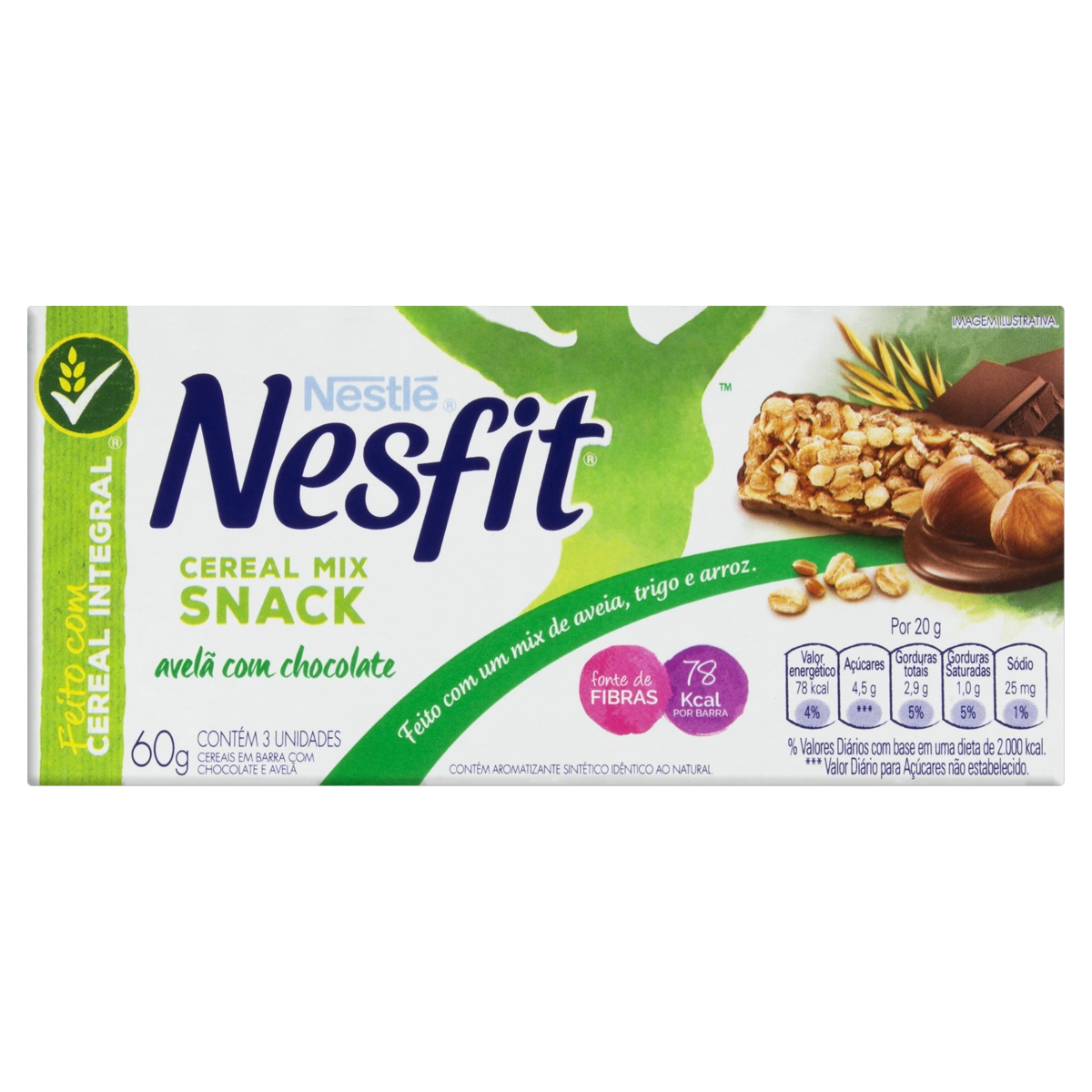 Pack Barra De Cereal Avelã Com Chocolate Nesfit Caixa 60g 3 Unidades