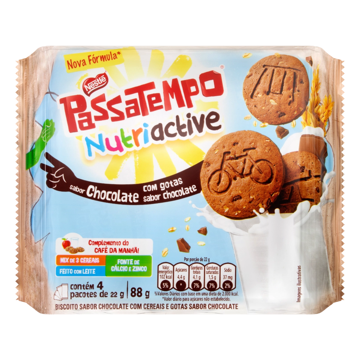 Biscoito Chocolate Com Gotas De Chocolate Passatempo Nutriactive Pacote 88g