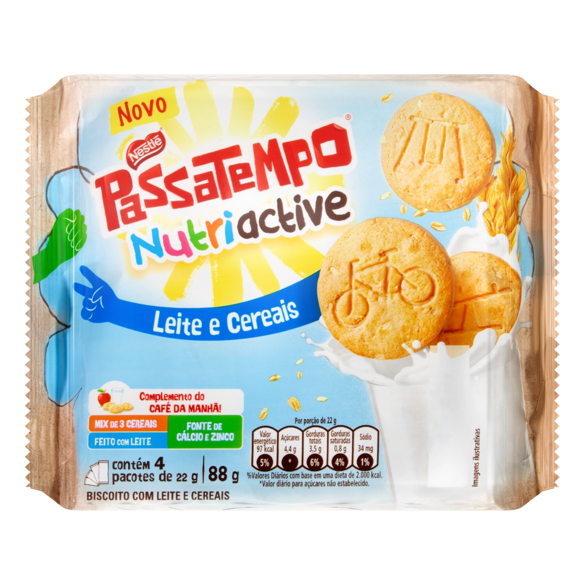 Biscoito Leite E Cereais Passatempo Nutriactive Pacote 88g