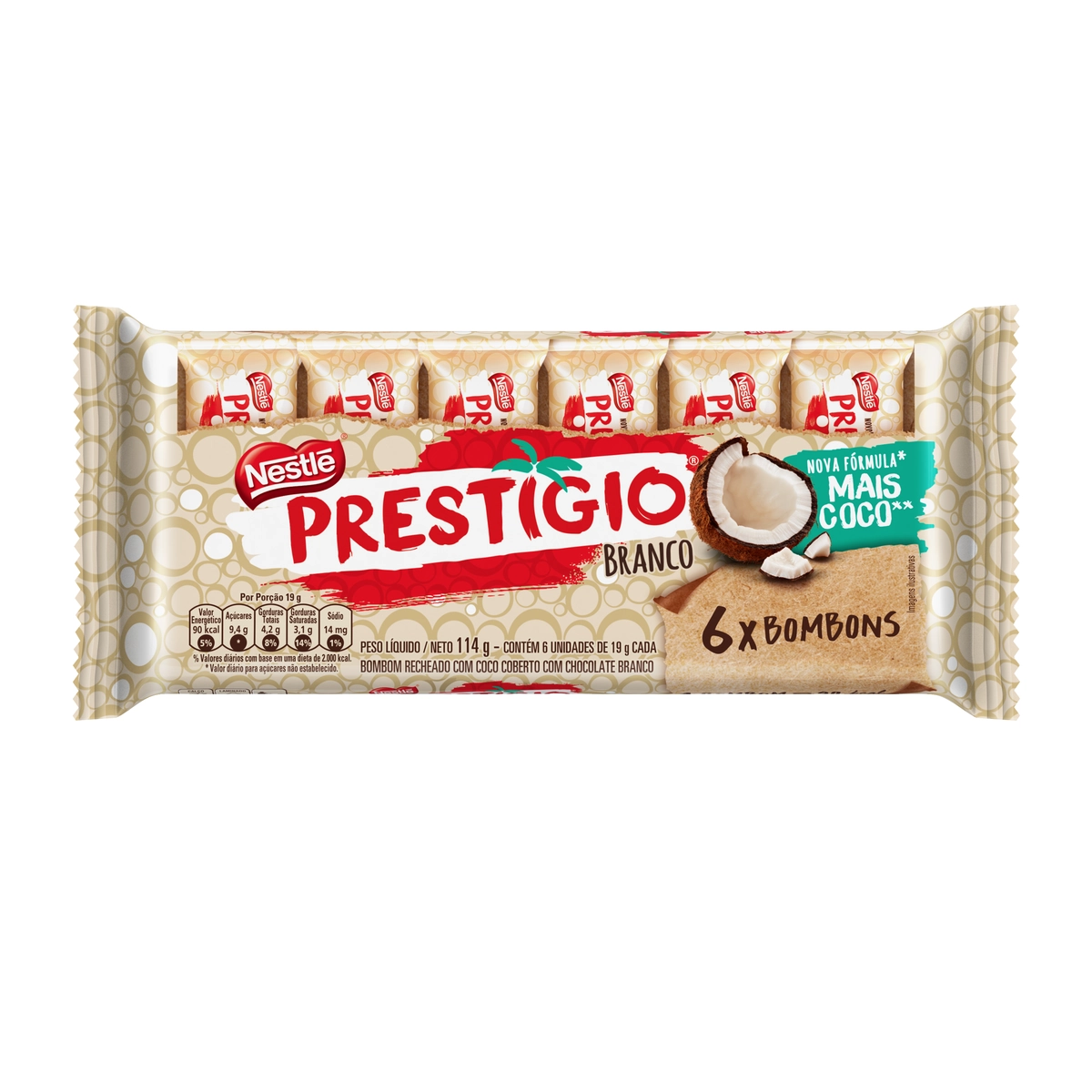 Pack Bombom Branco Prestígio Pacote 114g 6 Unidades