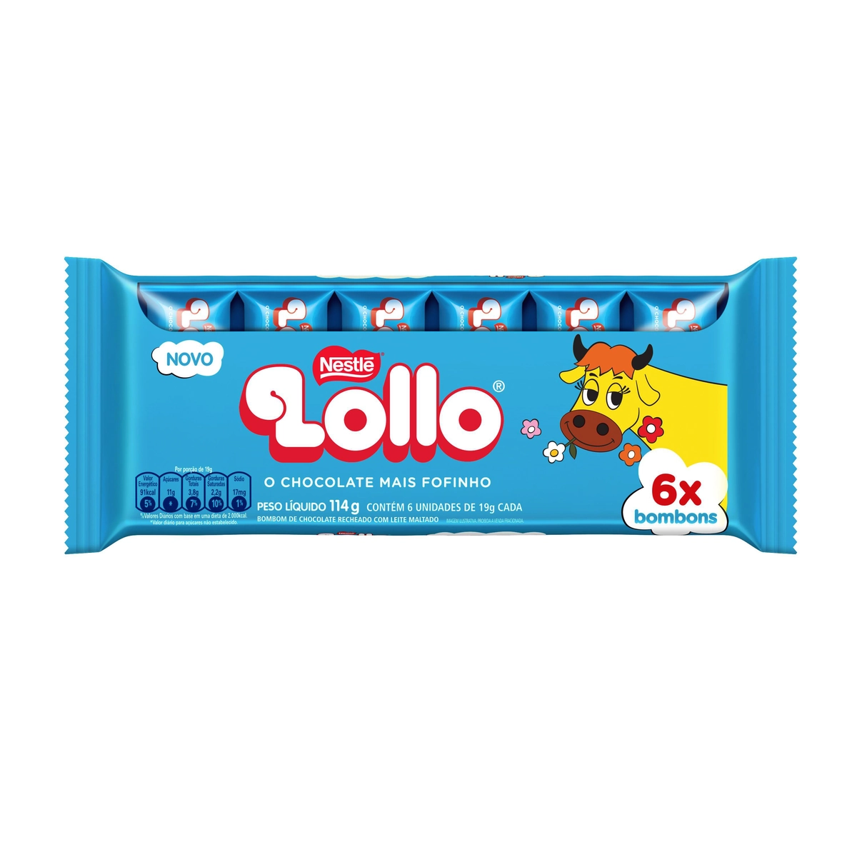 Pack Bombom Chocolate Recheio Leite Maltado Lollo Pacote 114g 6 Unidades