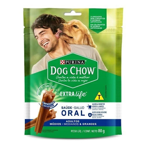 Petisco Para Cães Adultos Raças Médias E Grandes Purina Dog Chow Saúde Oral Pouch 80g 3 Unidades