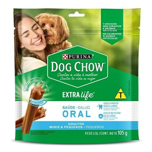 Petisco Para Cães Adultos Raças Minis E Pequenas Purina Dog Chow Saúde Oral Pouch 105g 7 Unidades