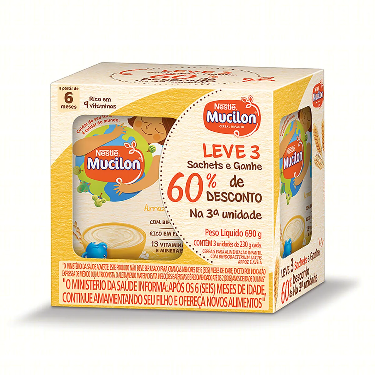 Cereal Infantil Arroz &amp; Aveia Mucilon 690 g Pack com 3 Unidades Grátis 60% de Desconto na 3ª Unidade