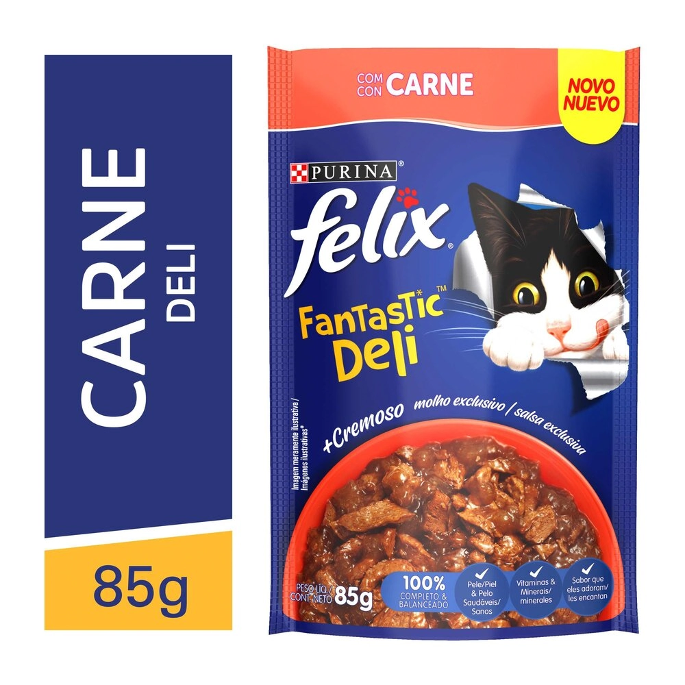 Caixa 15 Alimento Úmido Gatos Felix sabor Deli Carne 85gr - Purina