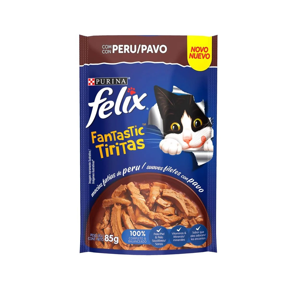 Ração Úmida FELIX Fantastic Tiritas Sabor Peru Pacote 85g