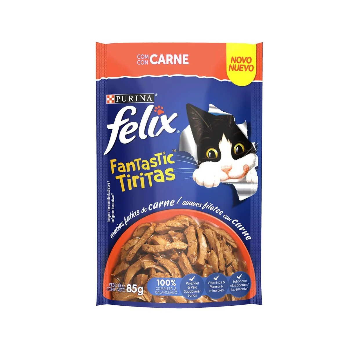 Ração Úmida FELIX Fantastic Tiritas Sabor Carne Pacote 85g