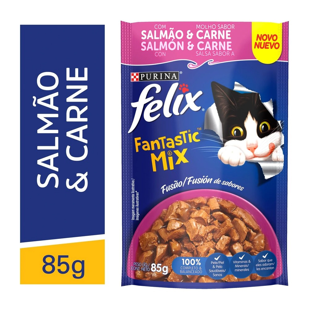 Alimento Para Gatos Adultos Salmão E Carne Purina Felix Fantastic Mix Sachê 85g