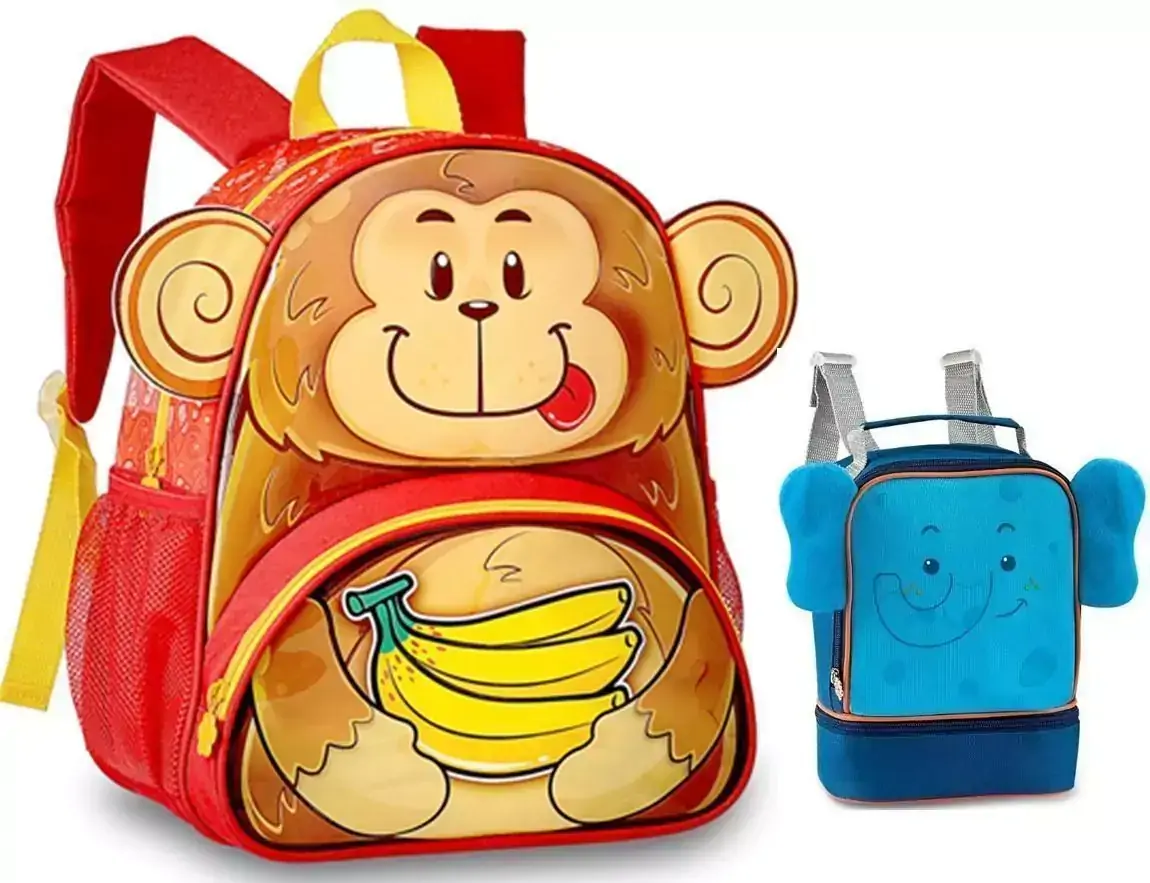 Kit Mochila Infantil + Lancheira Animais Macaco + Elefante