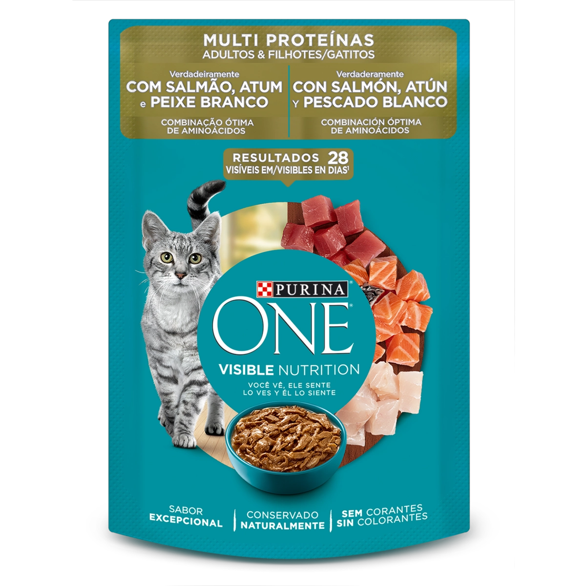 Alimento Para Gatos Adultos E Filhotes Salmão, Atum E Peixe Branco Purina One Multi Proteínas Sachê