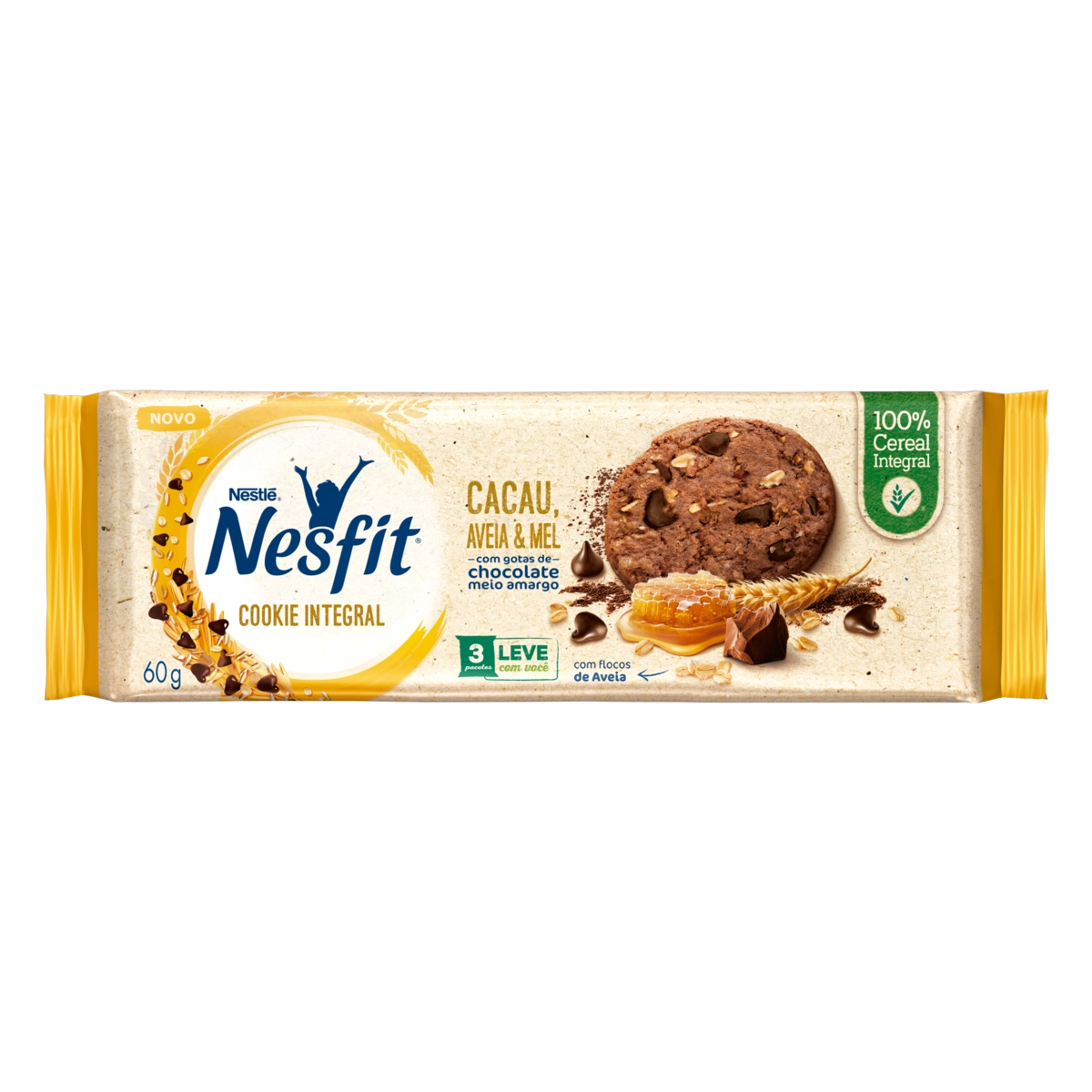 Biscoito Cookie Integral Cacau, Aveia Mel Com Gotas De Chocolate Meio Amargo Nesfit Pacote 60g