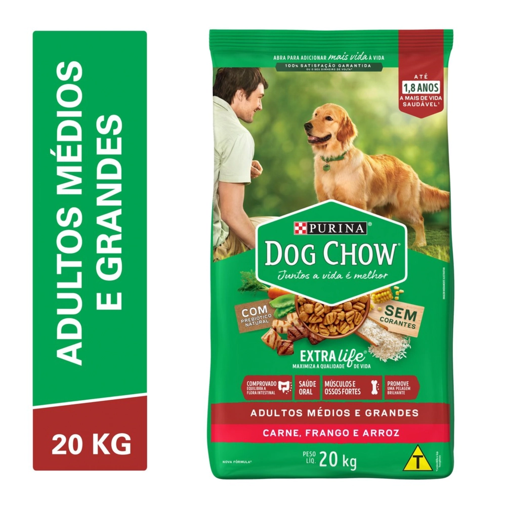 Alimento Para Cães Adultos Raças Médias E Grandes Carne, Frango E Arroz Purina Dog Chow Extra Life P