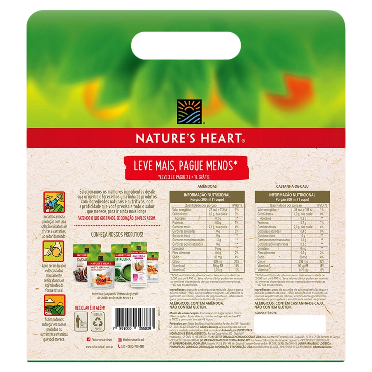 Kit 2 Bebidas à Base De Amêndoa 1l Cada Grátis Bebida à Base De Castanha De Caju 1l Natures Heart