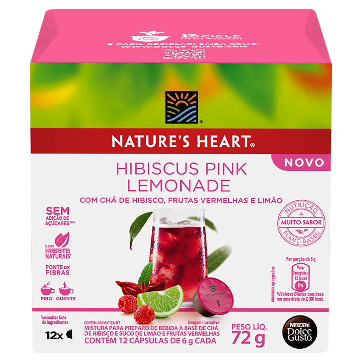 Chá Em Cápsula Hibiscus Pink Lemonade Natures Heart Caixa 72g 12 Unidades