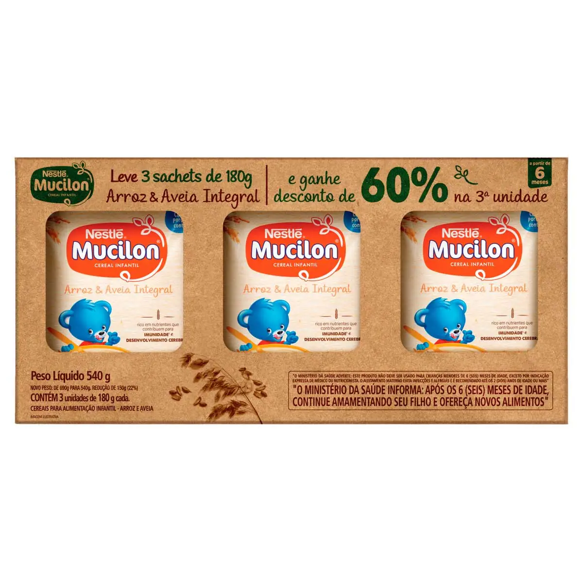 Pack Cereal Infantil Integral Arroz & Aveia Mucilon 540g 3 Unidades Grátis Desconto de 60% na 3ª Unidade