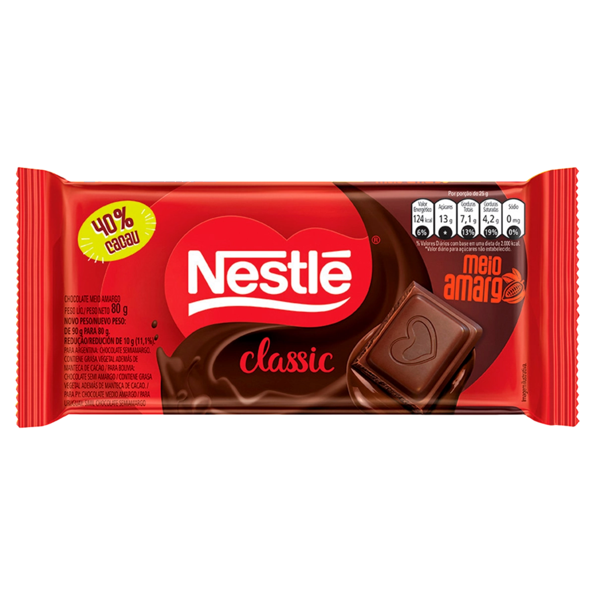 Chocolate Meio Amargo 40 Cacau Classic Pacote 80g