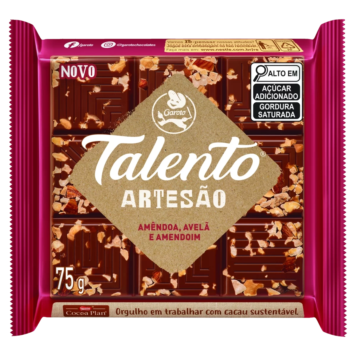 Chocolate ao Leite Amêndoa, Avelã e Amendoim Garoto Talento Artesão Pacote 75g