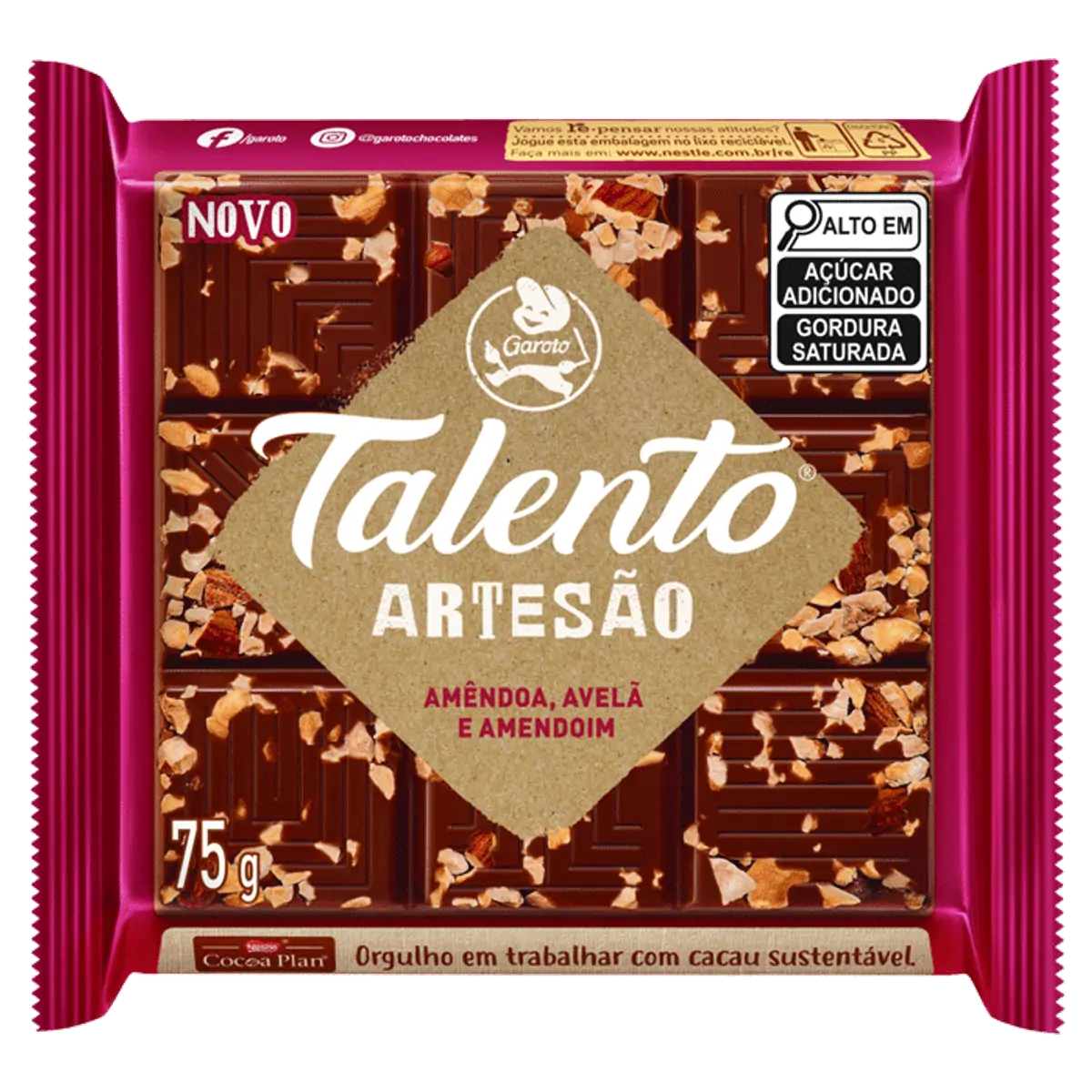 Chocolate Ao Leite Amêndoa, Avelã E Amendoim Garoto Talento Artesão Pacote 75g
