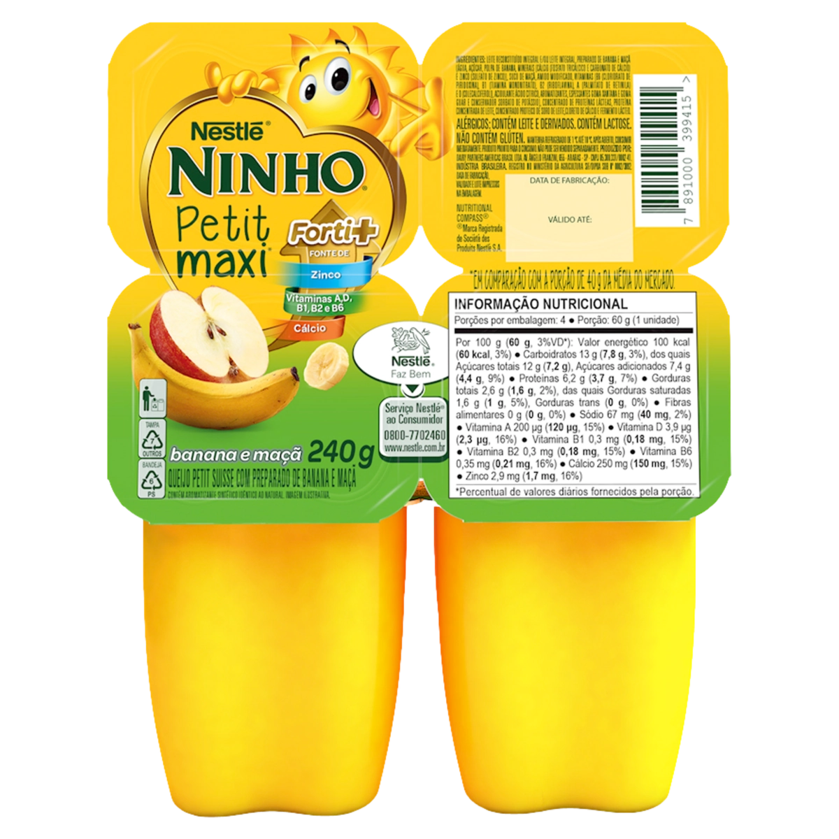 Petit Suisse Banana e Maçã Ninho Petit Maxi Forti+ Bandeja 240g 4 Unidades