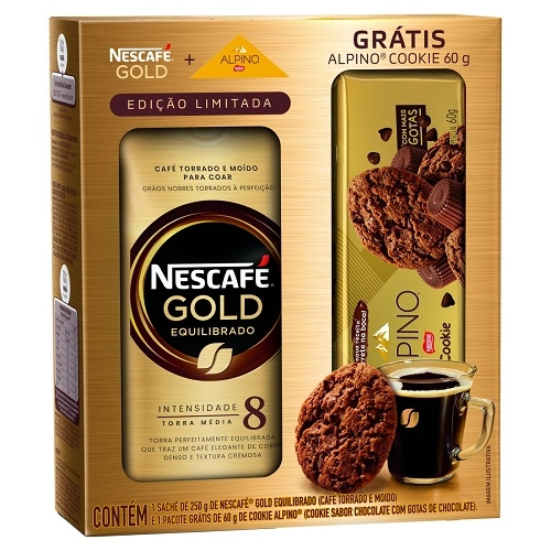 Kit Café Torrado E Moído Equilibrado Nescafé Gold 250g Grátis Biscoito Cookie Alpino Nestlé 60g