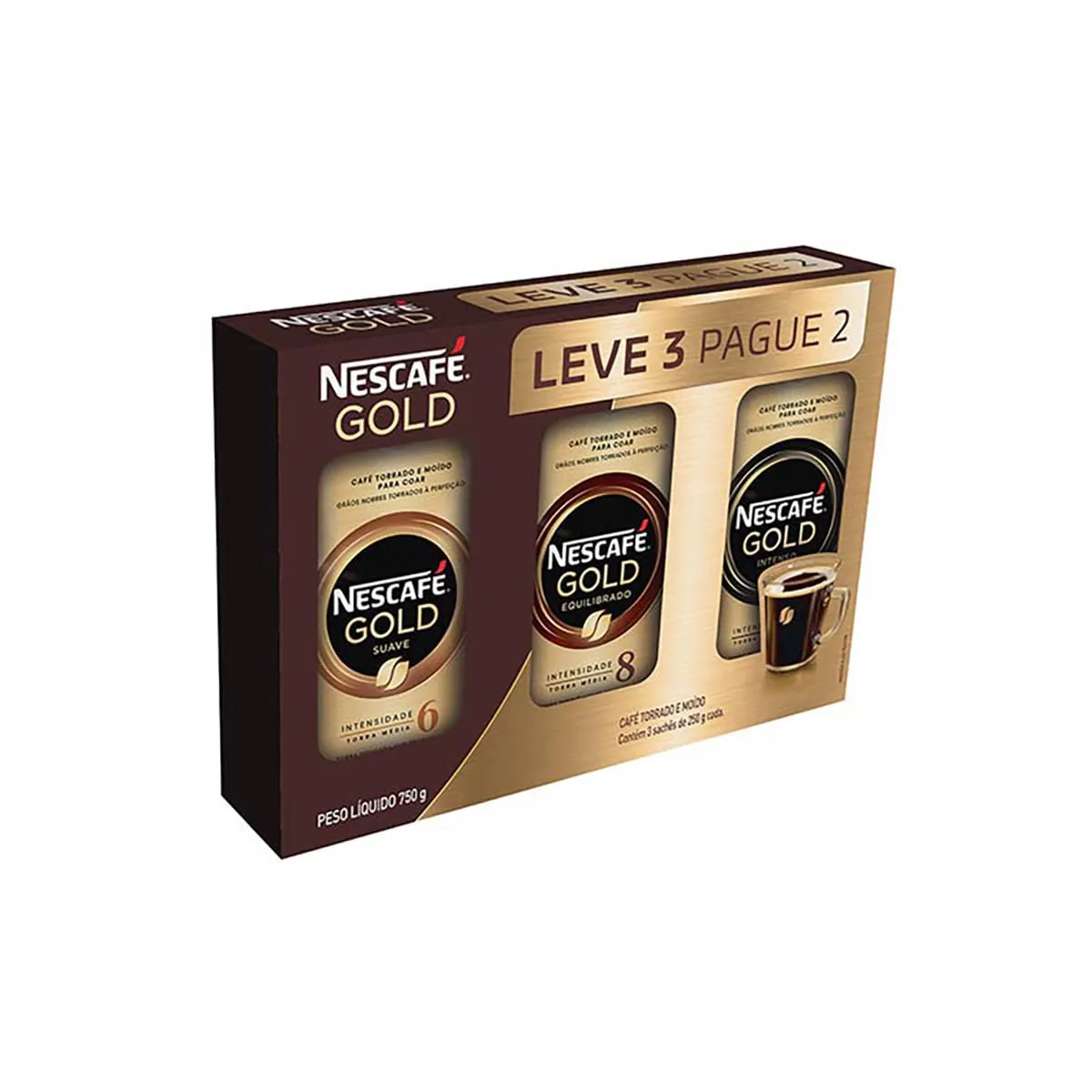 Pack Nescafé Leve 2 Gold T&M 250 g e Ganhe 1 Gold T&M Sachê 250 g