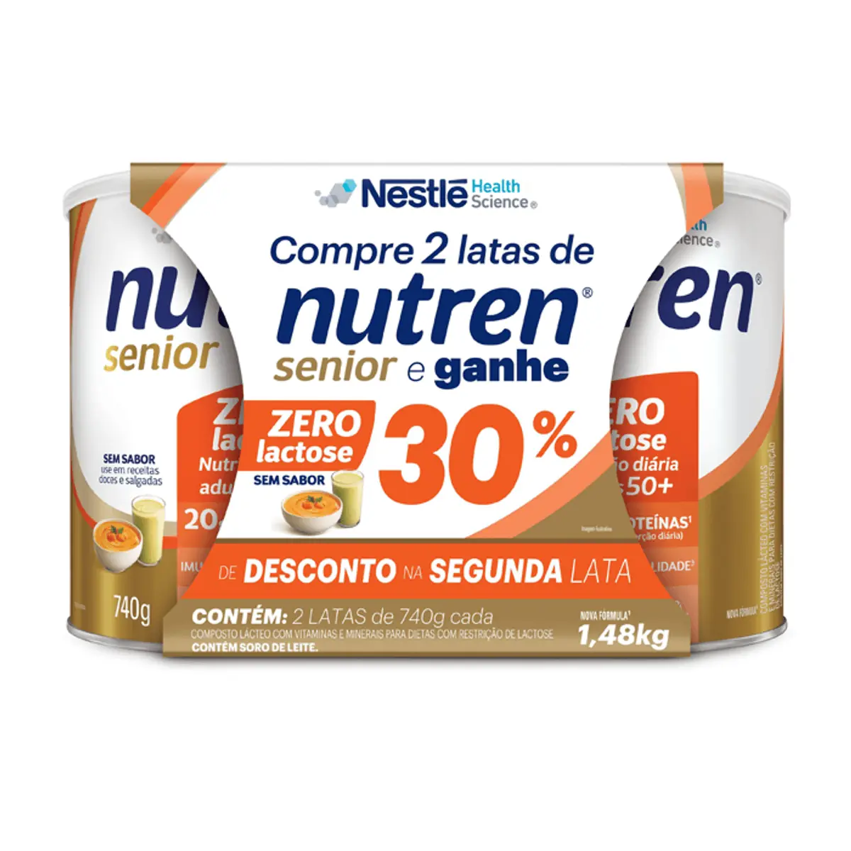 Pack Composto Lácteo Sem Sabor Zero Lactose Nutren Senior Lata 1,48kg 2 Unidades Grátis 30 De Descon