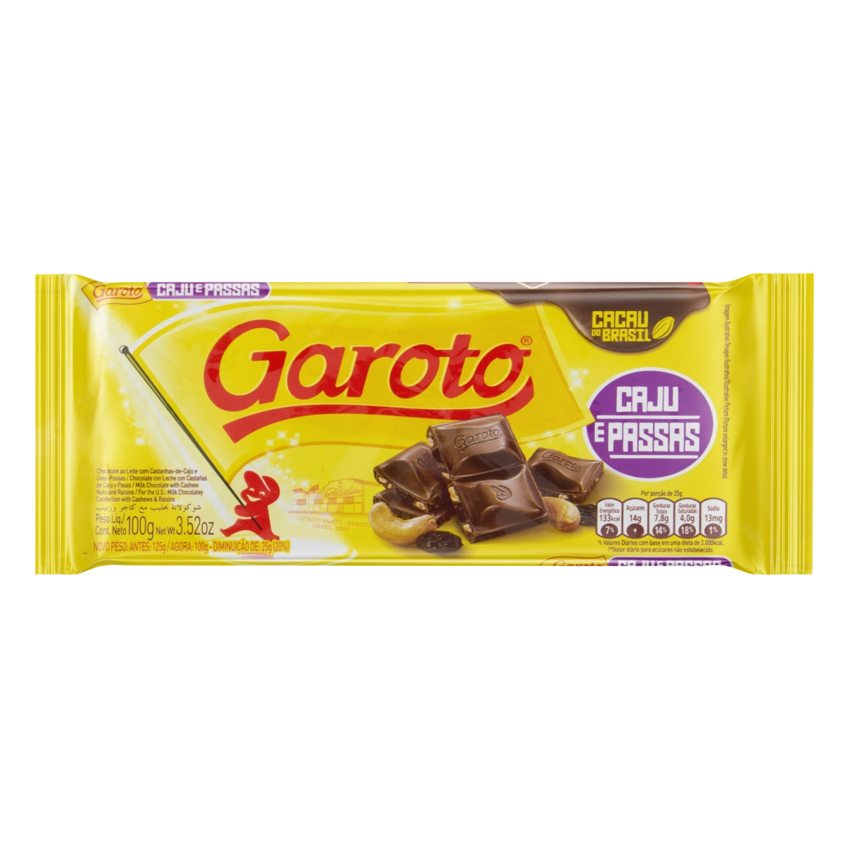 Chocolate Ao Leite Caju E Passas Garoto Pacote 100g