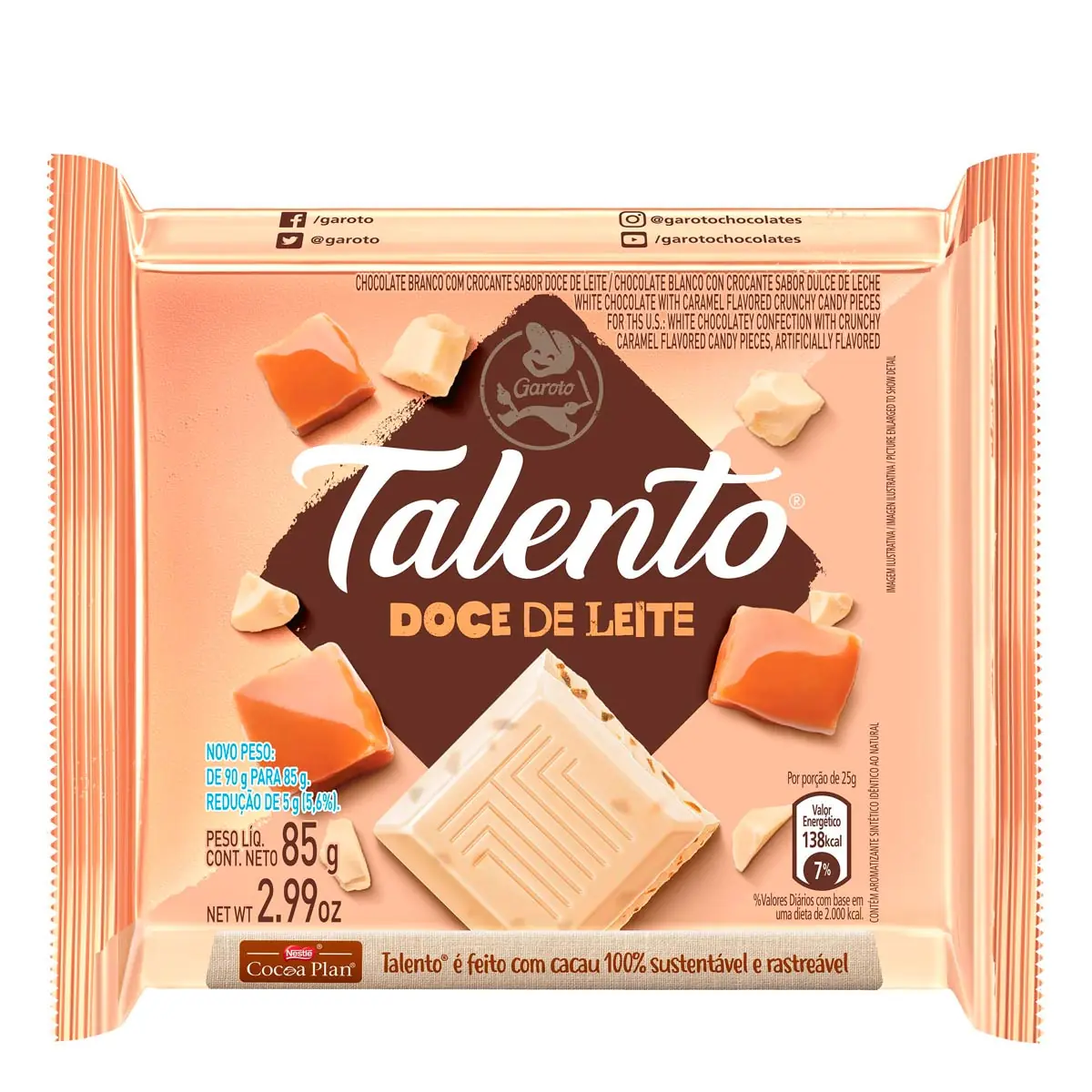 Chocolate Garoto Talento Branco com Doce de Leite 85g