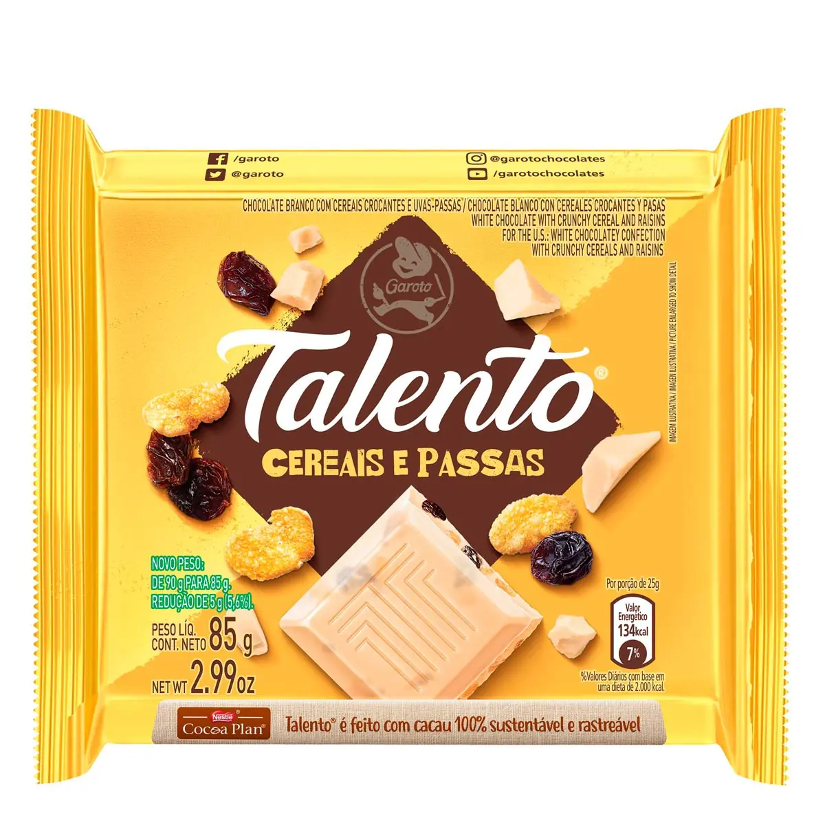 Chocolate Talento Branco com Cereais e Passas 85g